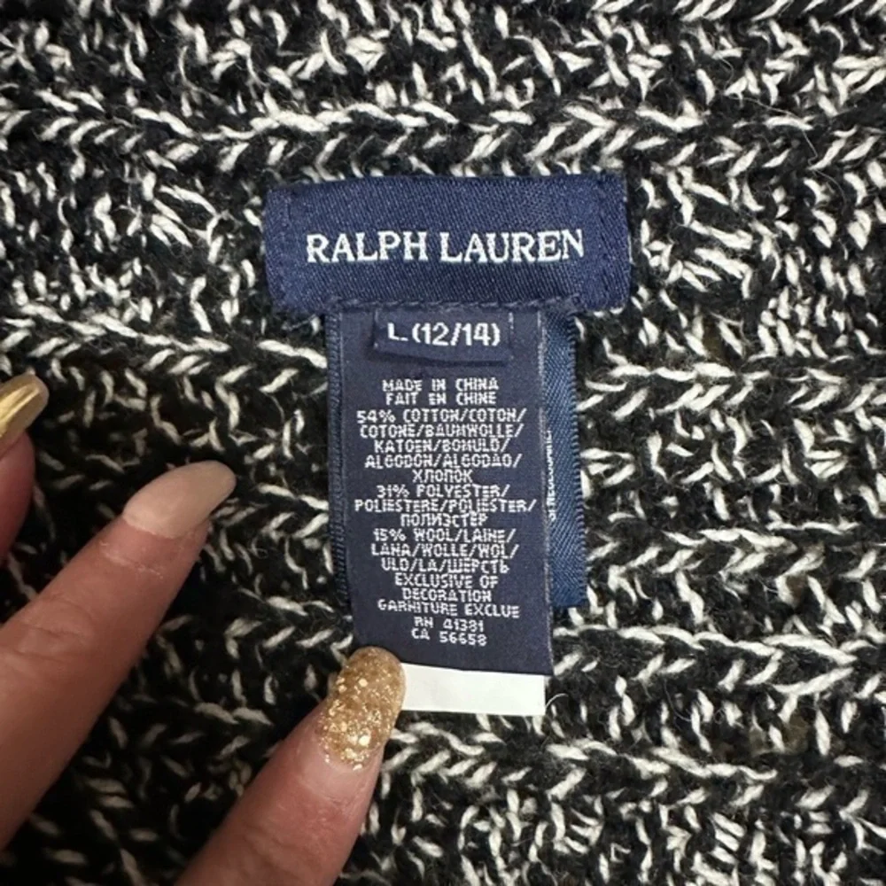 Ralph Lauren Girls Marled Knit Asymmetrical Draped Cardigan Navy White L 12/14‎